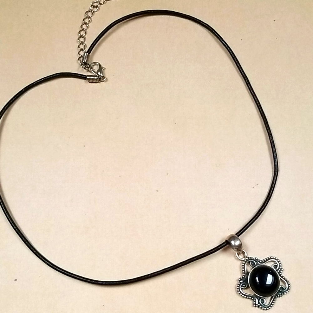 Vintage Onyx 925 Sterling Silver Leather Cord Pendant Necklace - Picture 13 of 15